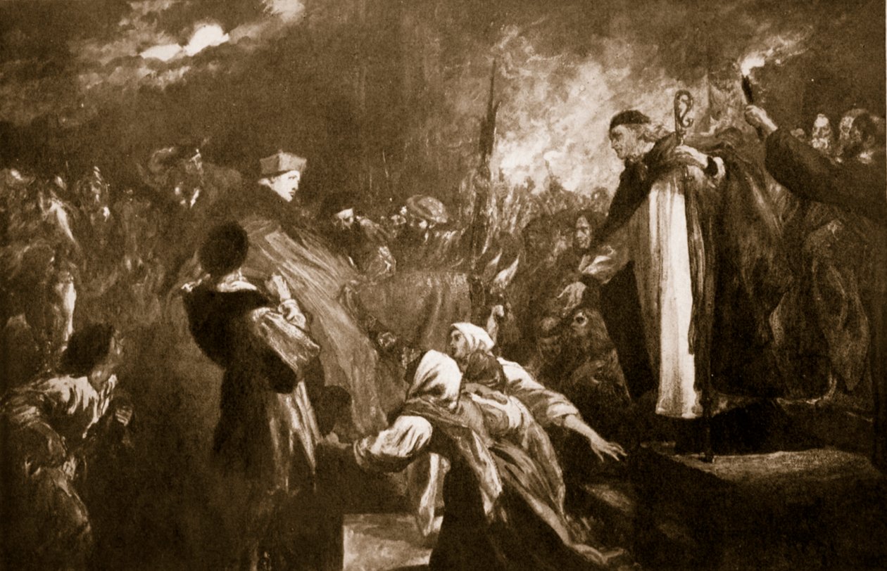 Wolsey bíboros érkezése a leicesteri apátságba, 1530, illusztráció Hutchinson "A brit nemzet története" című művéből, 1920 körül. alkotó: John Gilbert