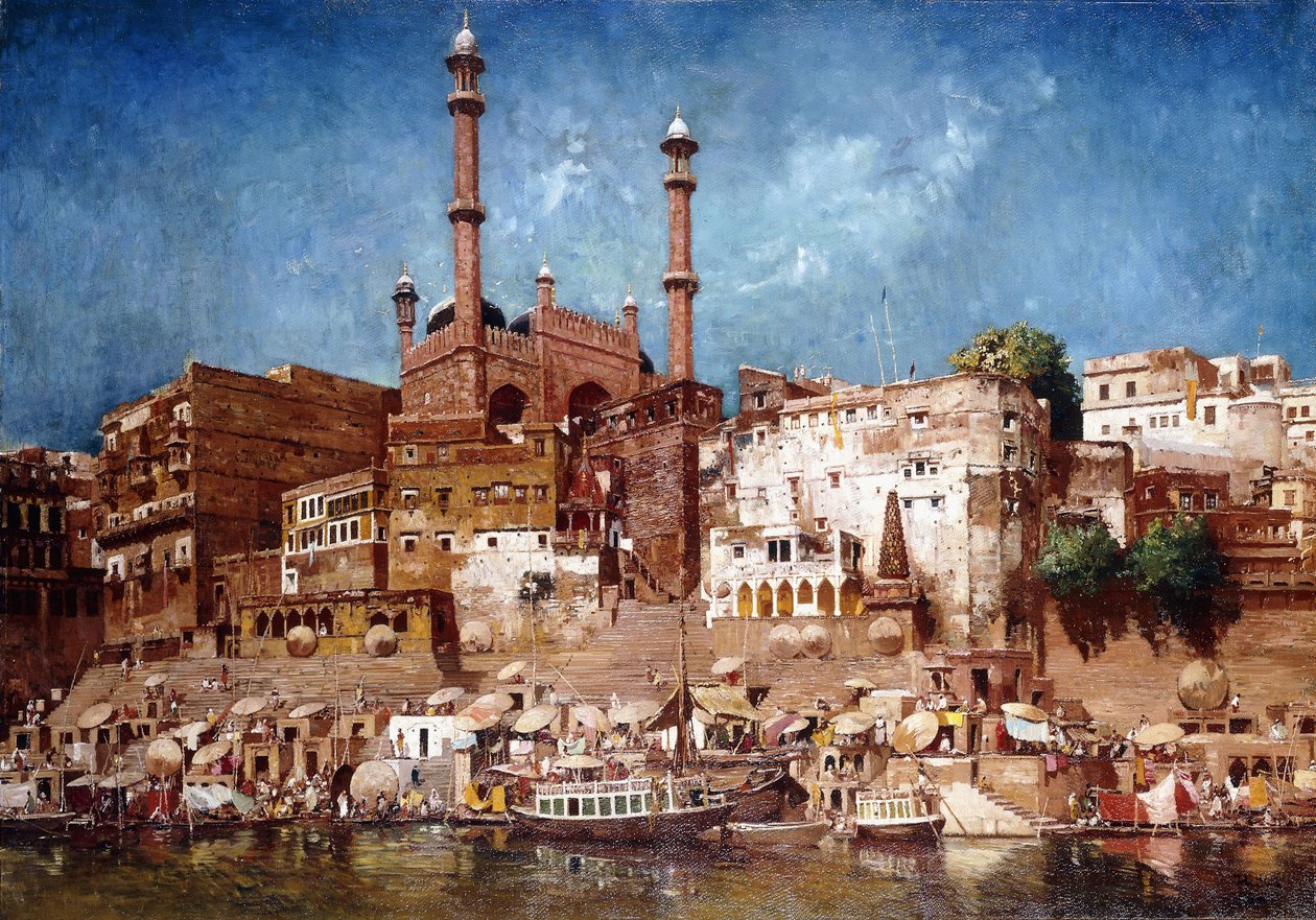 Kilátás a Ghatokra Aurangzeb mecsetjével, Benares alkotó: John Gleich