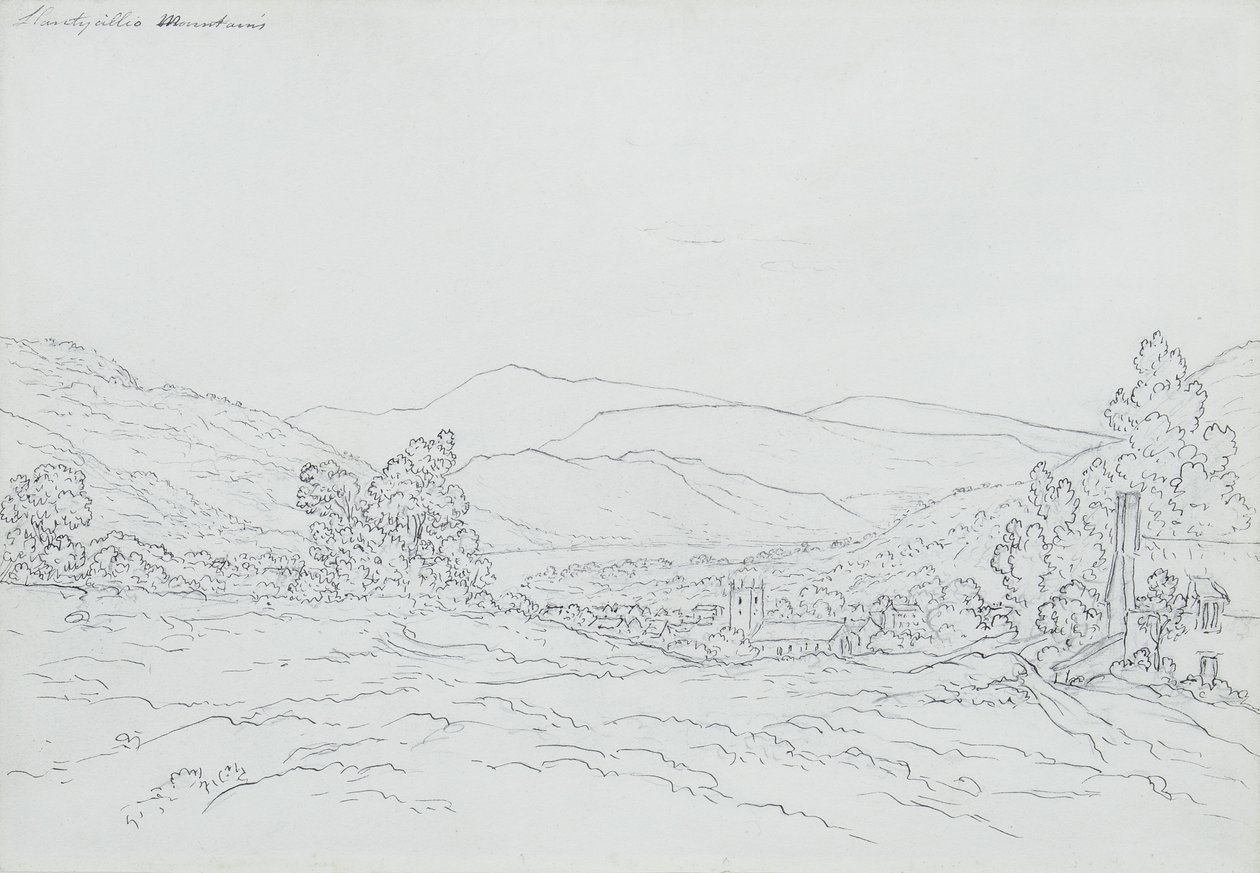 Llantysilio Mountain, Wales (ceruza, toll és tinta papíron) alkotó: John Glover