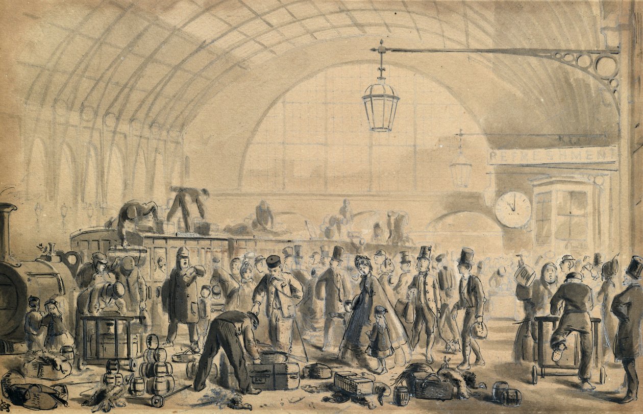 Szenteste a Kings Cross pályaudvaron, 1870-90 körül (toll és mosás papíron) alkotó: John Gordon Thomson