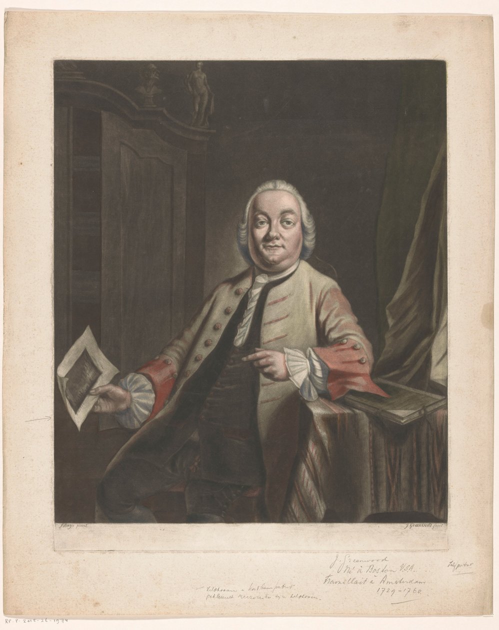 Simon Fokke portréja, kezében Gerrit Hagedooren házának kifosztásának nyomatával, 1751 alkotó: John Greenwood