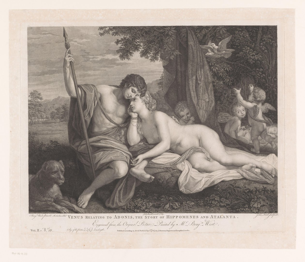 Vénusz elmeséli Adonisznak Hippomenes és Atalanta történetét Vénusz Adoniszhoz, Hippomenész és Atalanta történetéhez (cím a tárgyon) Anglia fő festményei (sorozat címe) A legtöbb nagybetűs festmény Angliában (sorozat címe) alkotó: John Hall