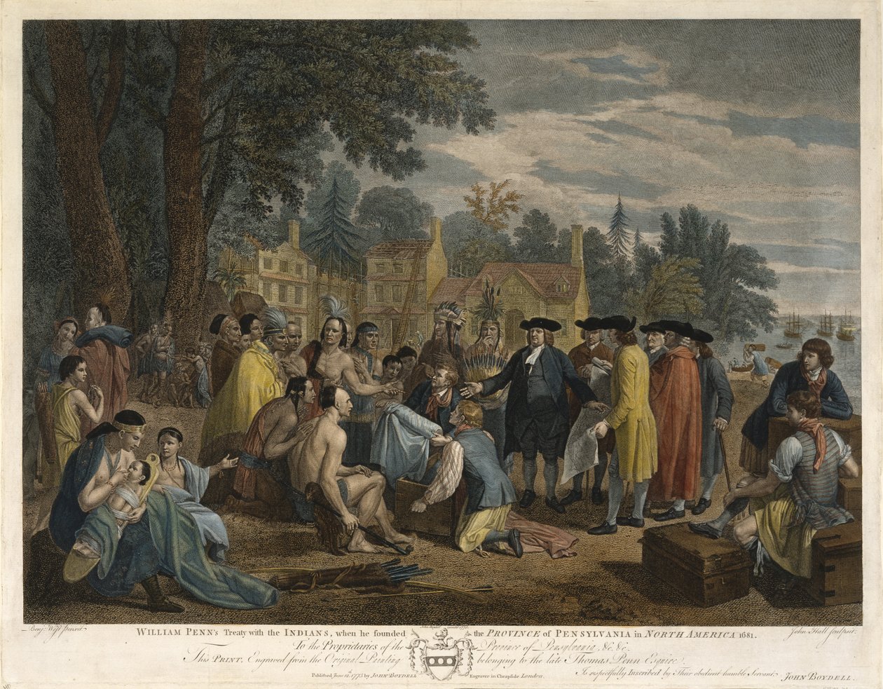 William Penn szerződése az indiánokkal, 1775 (metszet és rézkarc vízfestékkel fektetett papírra) alkotó: John Hall