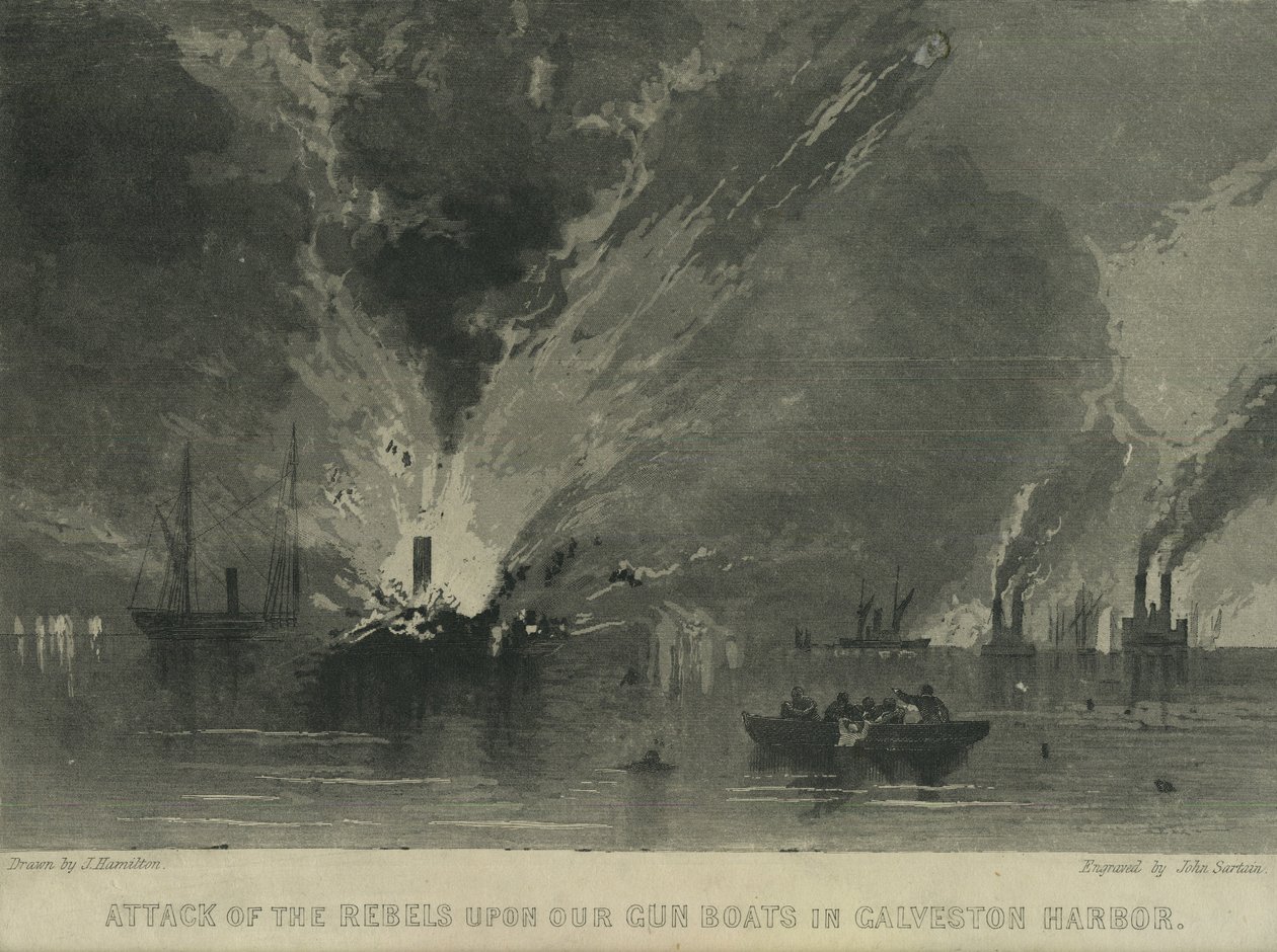 A lázadók támadása fegyveres csónakjaink ellen Galveston kikötőjében, 1863 körül alkotó: John Hamilton