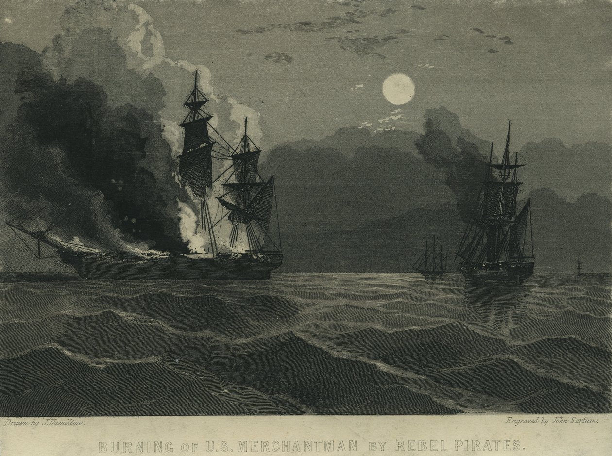 Az amerikai kereskedelmi hajó felgyújtása lázadó kalózok által, 1865 alkotó: John Hamilton