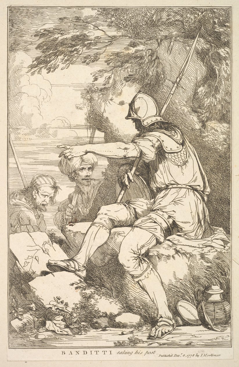 Banditti átveszi posztját a Sir Joshua Reynolnak dedikált tizenöt rézkarcról..., 1778. december 8. alkotó: John Hamilton Mortimer