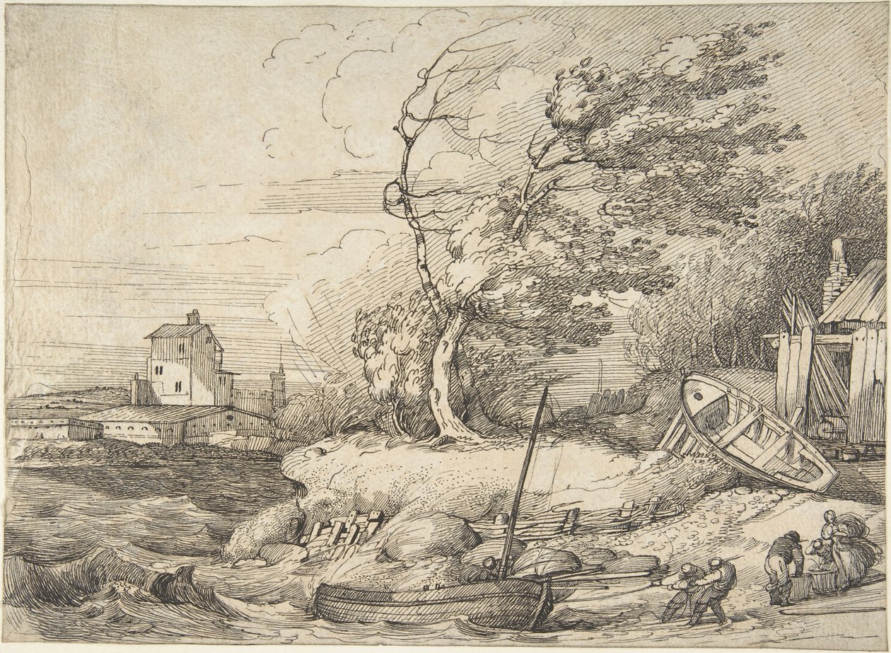 Halászhajó partra vontatása viharban alkotó: John Hamilton Mortimer
