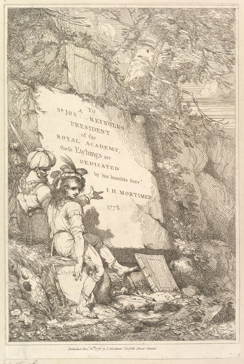 Sir Joshua Reynoldsnak dedikált tizenöt rézkarc előlapja, 1778. alkotó: John Hamilton Mortimer