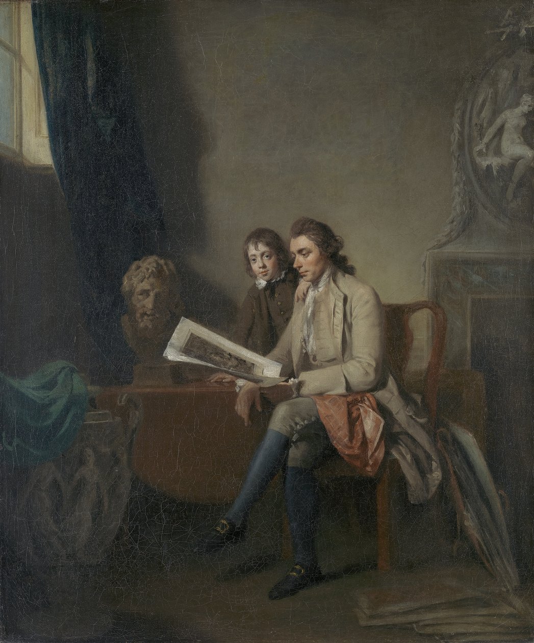Egy férfi és egy fiú portréja, akik nyomatokat néznek, 1765-70 körül alkotó: John Hamilton Mortimer