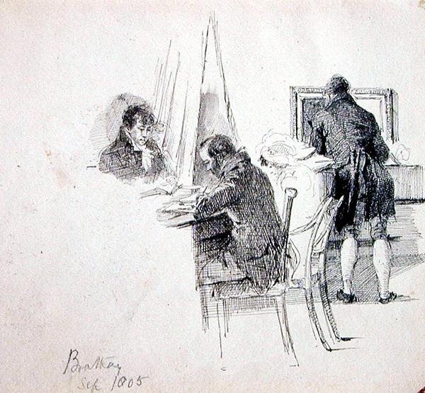 Egy csoport egy belső térben, Brathay alkotó: John Harden