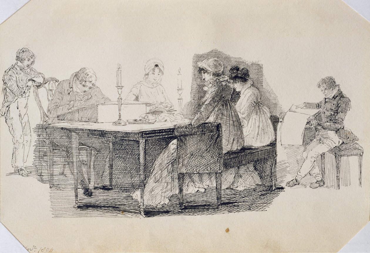Egy este otthon, 1804 (toll és tinta papíron) alkotó: John Harden