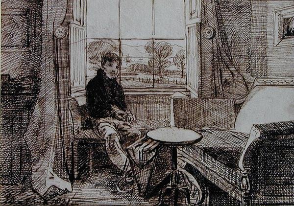 Fiú az ablakon ülve (toll és tinta papíron) alkotó: John Harden