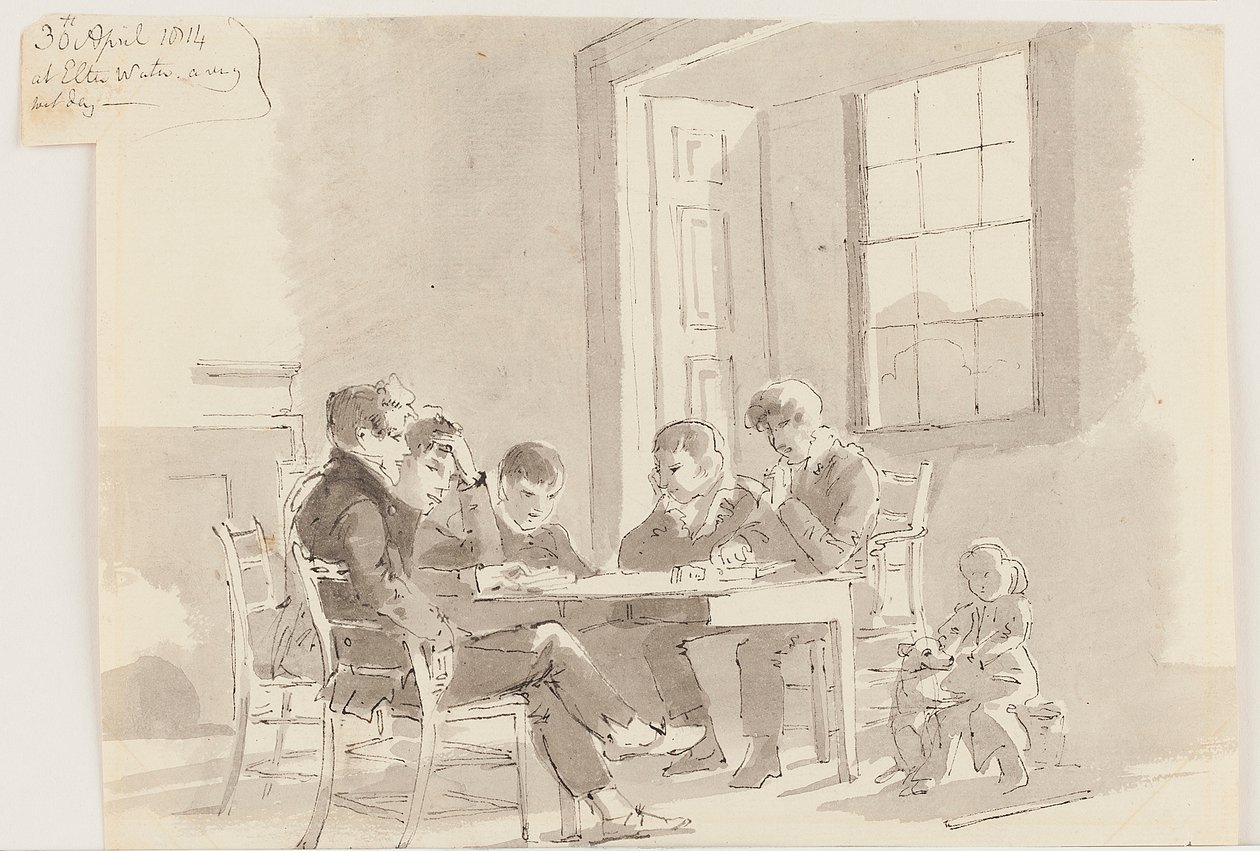 Fiúk olvasnak a Storrsban, Elterwater, 1814 (toll és tinta mosás papíron) alkotó: John Harden