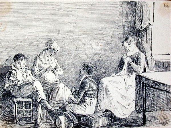Családi csoport egy belső térben (toll és tinta papíron) alkotó: John Harden
