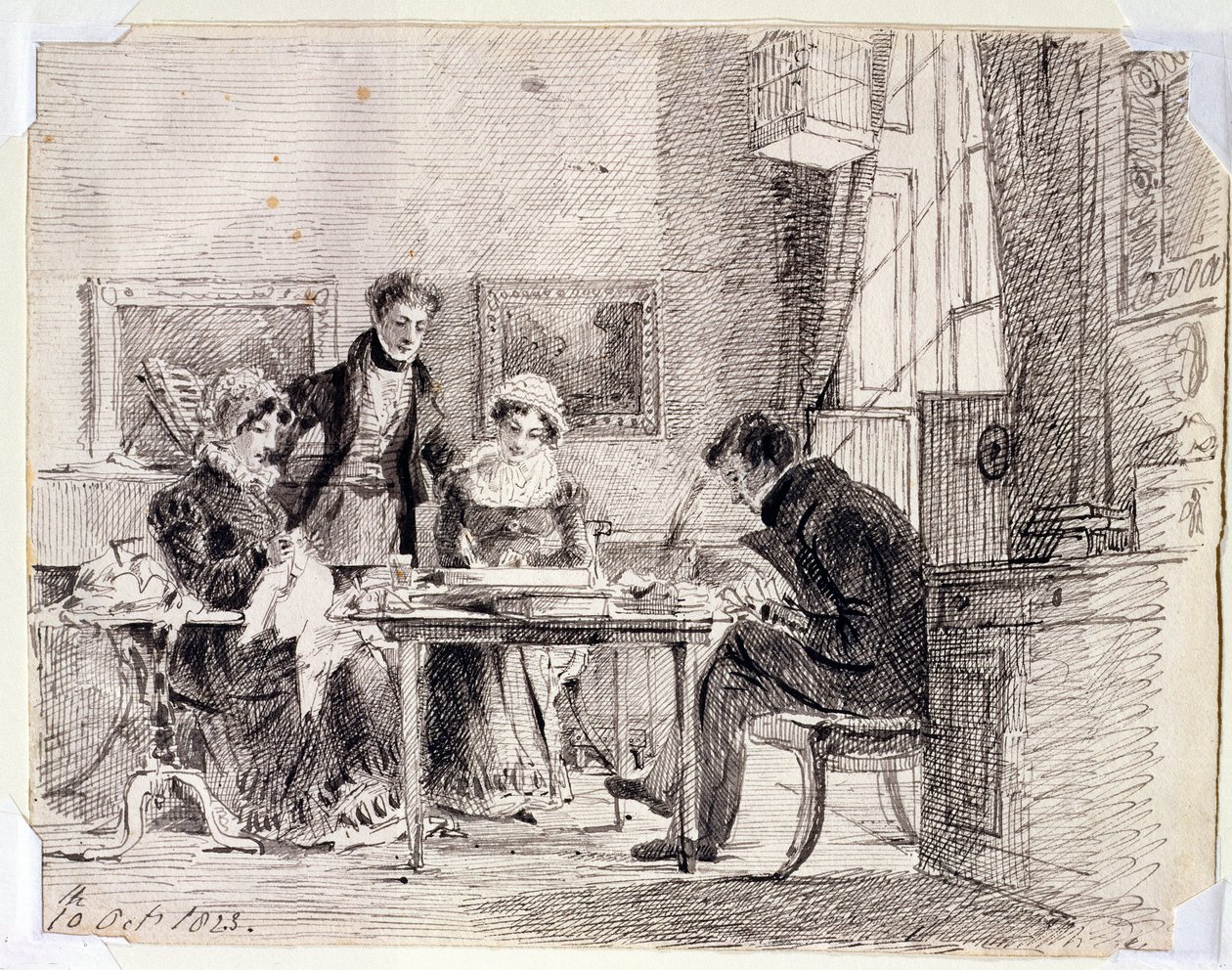 Családi csoportos varrás és olvasás, 1823. október 10. (toll és tinta papíron) alkotó: John Harden