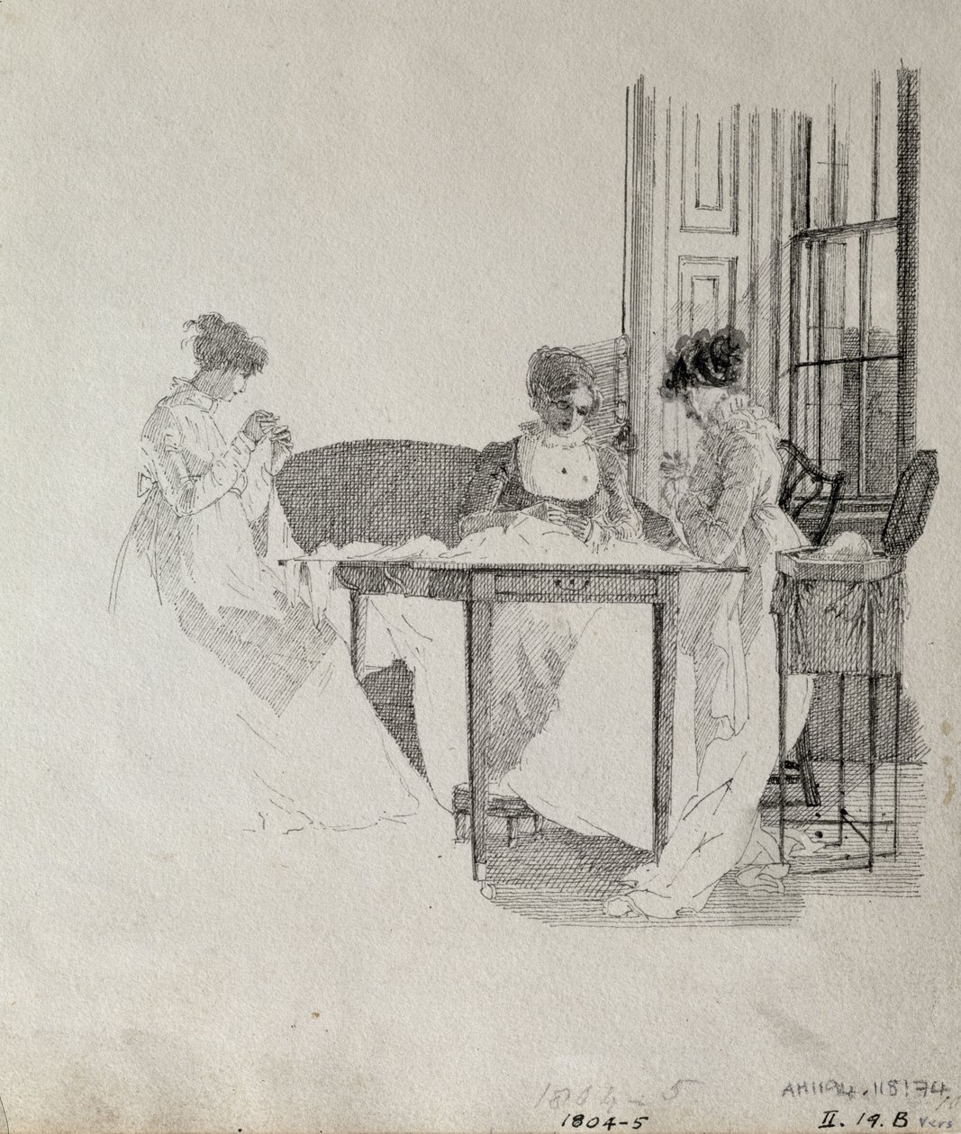 Női varrás, 1805 (toll és tinta papíron) alkotó: John Harden