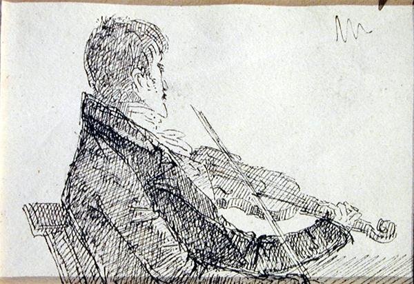Hegedülni (toll és tinta, papír) alkotó: John Harden
