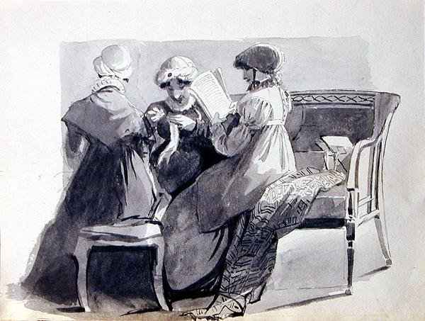 Három nő a kanapén (toll és tinta mosás papíron) alkotó: John Harden