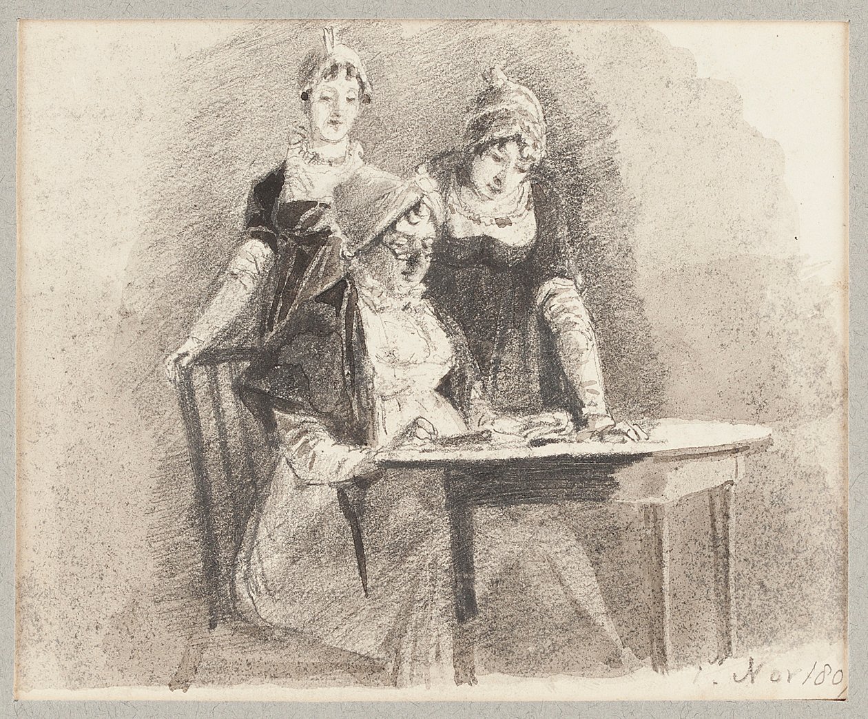 Hárman egy asztalnál, egy ülés, 1807 (ceruza és mosás papíron) alkotó: John Harden