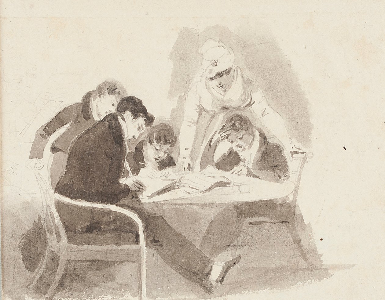 Két fiú házi feladatot készít, 1811 (wc papíron) alkotó: John Harden