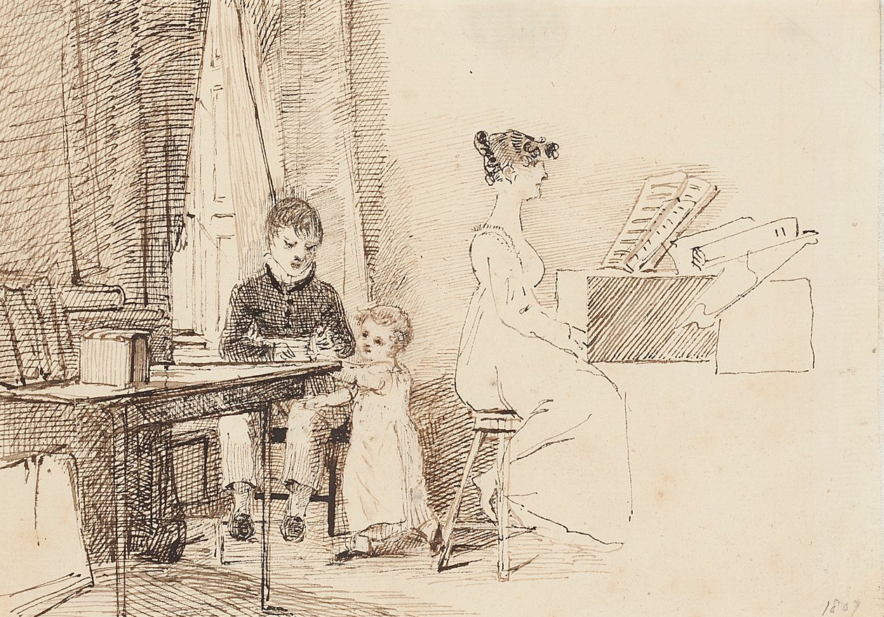 Két gyerek és egy nő a zongoránál, 1807 alkotó: John Harden