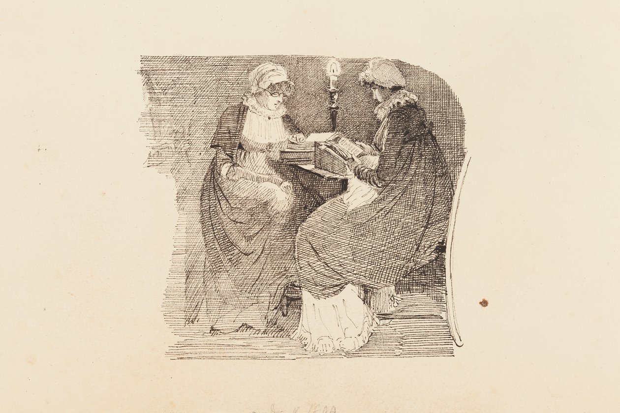 Két nő lámpafénynél olvas, 1804 (toll és tinta papíron) alkotó: John Harden