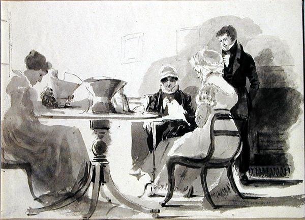 Nők, akik sapkát készítenek (toll és tinta mosás papíron) alkotó: John Harden