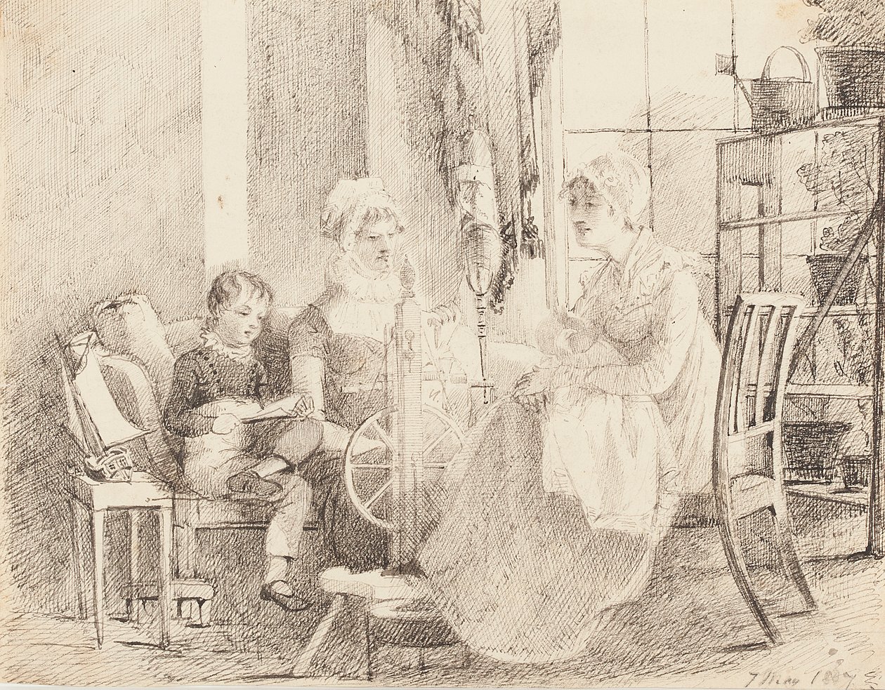 Nők a forgó keréknél és egy fiú játékhajóval, 1807 alkotó: John Harden