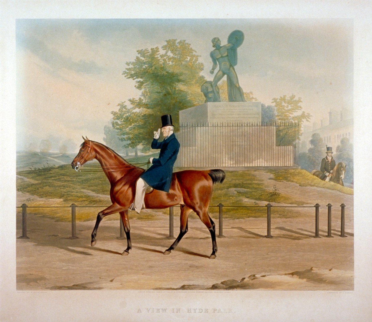 Wellington hercege az Achilles-szobor mellett lovagol a Hyde Parkban, Londonban, 1844. alkotó: John Harris