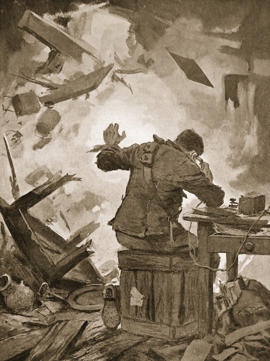 A Bombardier French befejezi üzenetét, miután egy lövedék átjött a szobán, amelyben telefonált (litho) alkotó: John Harris Valda