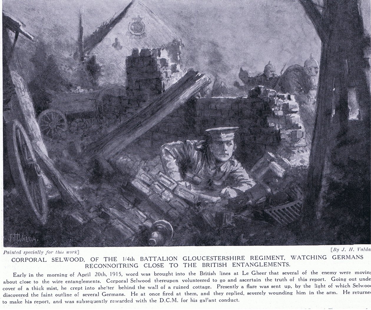 Selwood tizedes kitüntetést kapott, mert 1915 áprilisában Le Gheer-nél a németek felderítést végeztek a brit csapdák közelében. alkotó: John Harris Valda
