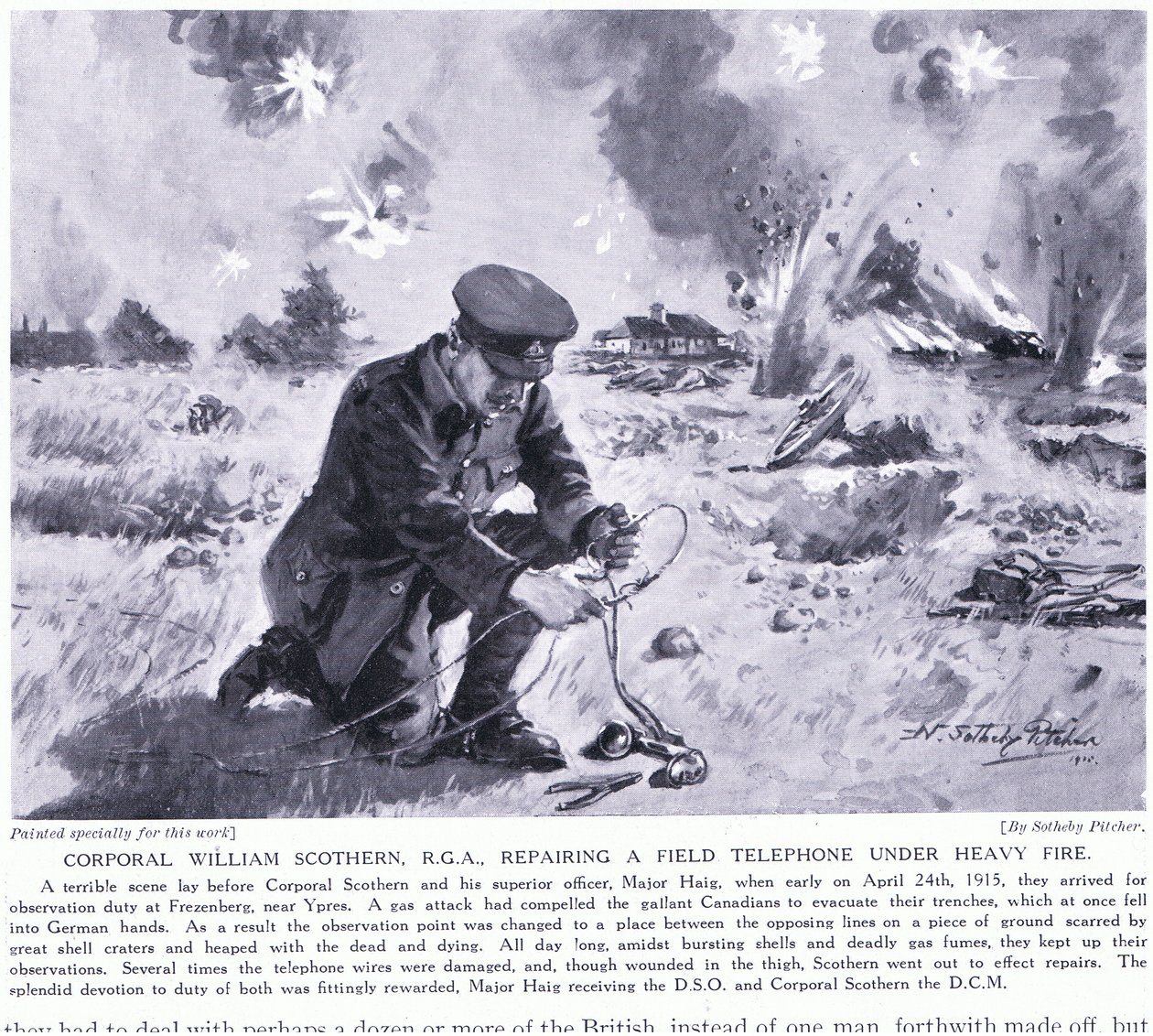 William Scothern RGA tizedes, aki heves tűz alatt javított egy terepi telefont, megkapta a DCM Ypres kitüntetést 1915. május alkotó: John Harris Valda