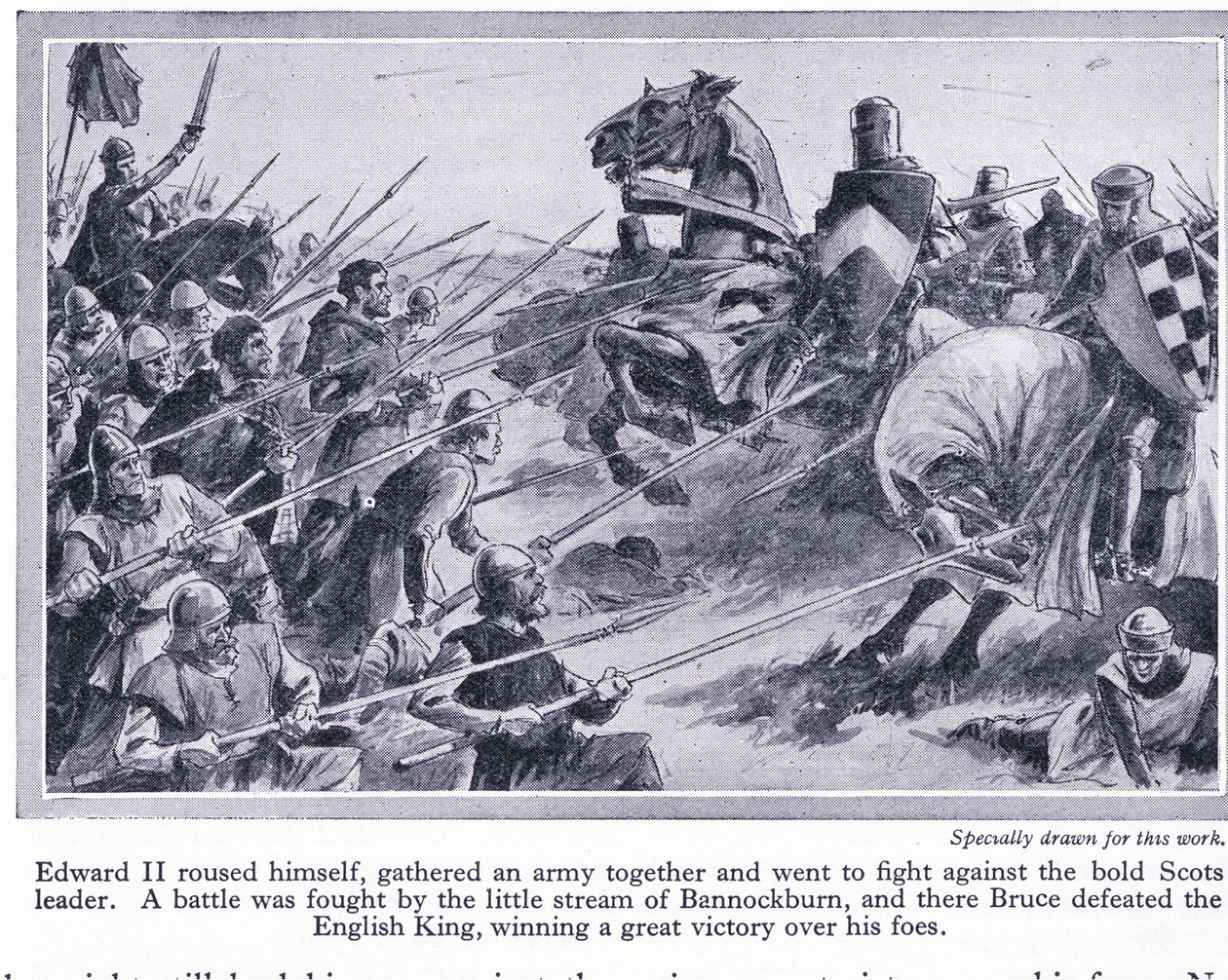 II. Edward sereget gyűjtött és csatát vívott Bannockburnnél i.sz. 1314-ben, ahol Bruce legyőzte az angolokat, 1950 körül alkotó: John Harris Valda