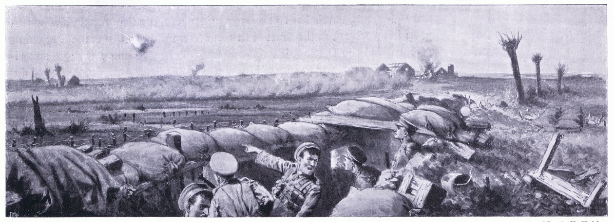 Gáztámadás a 2. Lancashire Fusiliers lövészárok ellen, amelyben Lyn közlegény életét vesztette, de elnyerte a Vitézt. Ypres 1915. április alkotó: John Harris Valda