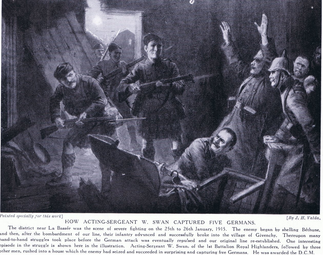 W Swan ügyvezető őrmester hogyan fogott el öt németet Givenchyben 1915 januárjában alkotó: John Harris Valda