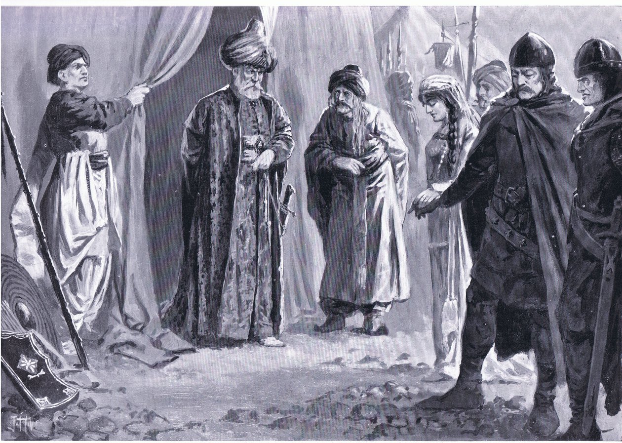 Ivan Shishman III átadja nővérét I. Murád szultánnak, Kr. u. 1366, Hutchinson A nemzetek története című művéből (4. kötet), amelyet a Hutchinson adott ki, c. 1920 (litó) alkotó: John Harris Valda