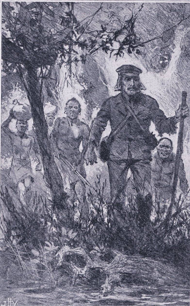 Livingstone rálőtt az oroszlánra, de az oroszlán megtámadta, és a vállába harapva eltörte a bal karját, Newnes Pictorial Knowledge, Newnes, 1950-es évek (litho) alkotó: John Harris Valda