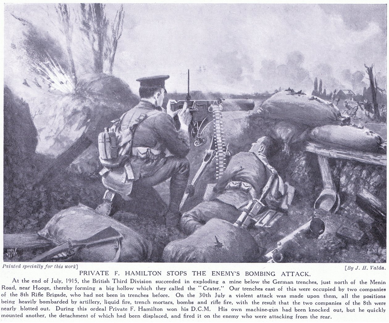 F Hamilton közlegény DCM-et adományozott az ellenség bombázásának leállításával 1915 júliusában Hooge-nál alkotó: John Harris Valda