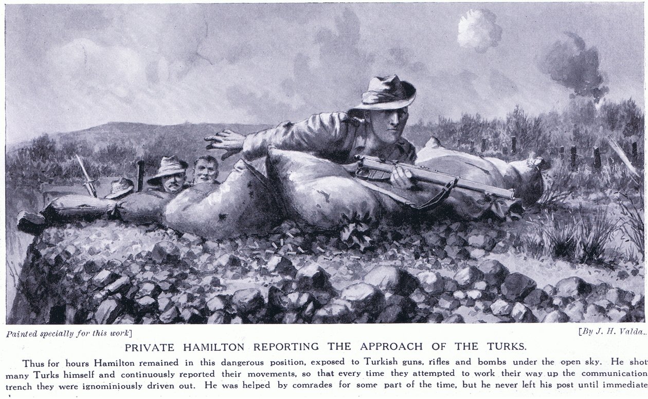 Hamilton közlegény jelenti a törökök közeledését a Gallipoli-félszigeten 1915 augusztusában alkotó: John Harris Valda