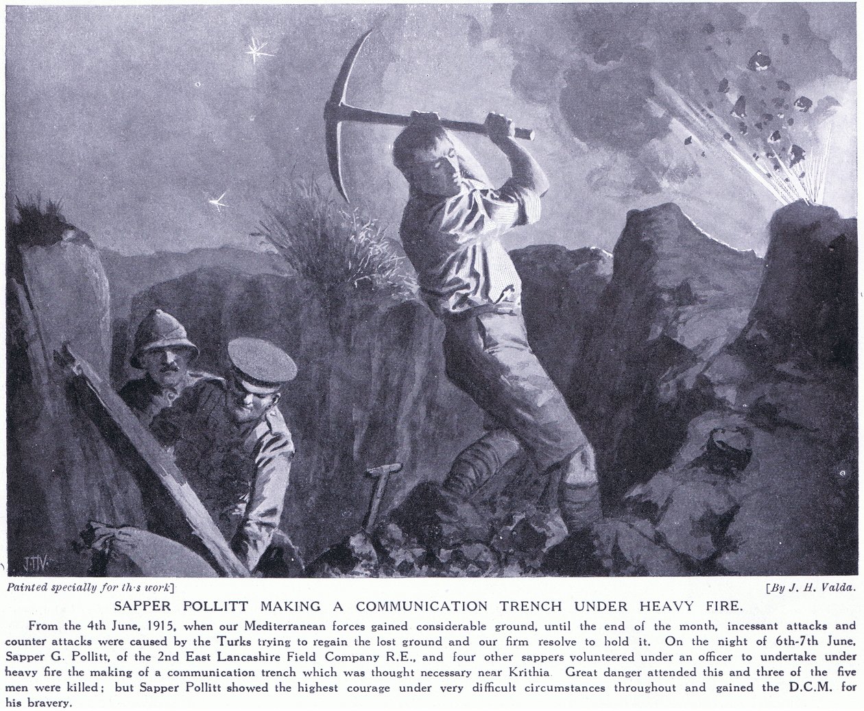 Pollitt zászlós kommunikációs árkot készít a Gallipoli-félszigeten 1915 júniusában, heves tűz alatt. alkotó: John Harris Valda