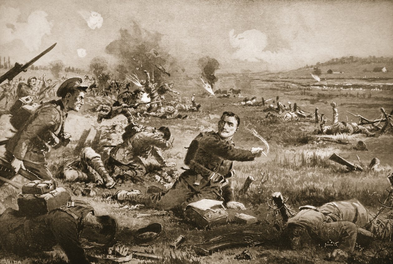 őrmester B.C. Shea gyülekezve szurkol ezredének embereinek, miután súlyosan megsebesült a Rouges Bancsnál alkotó: John Harris Valda