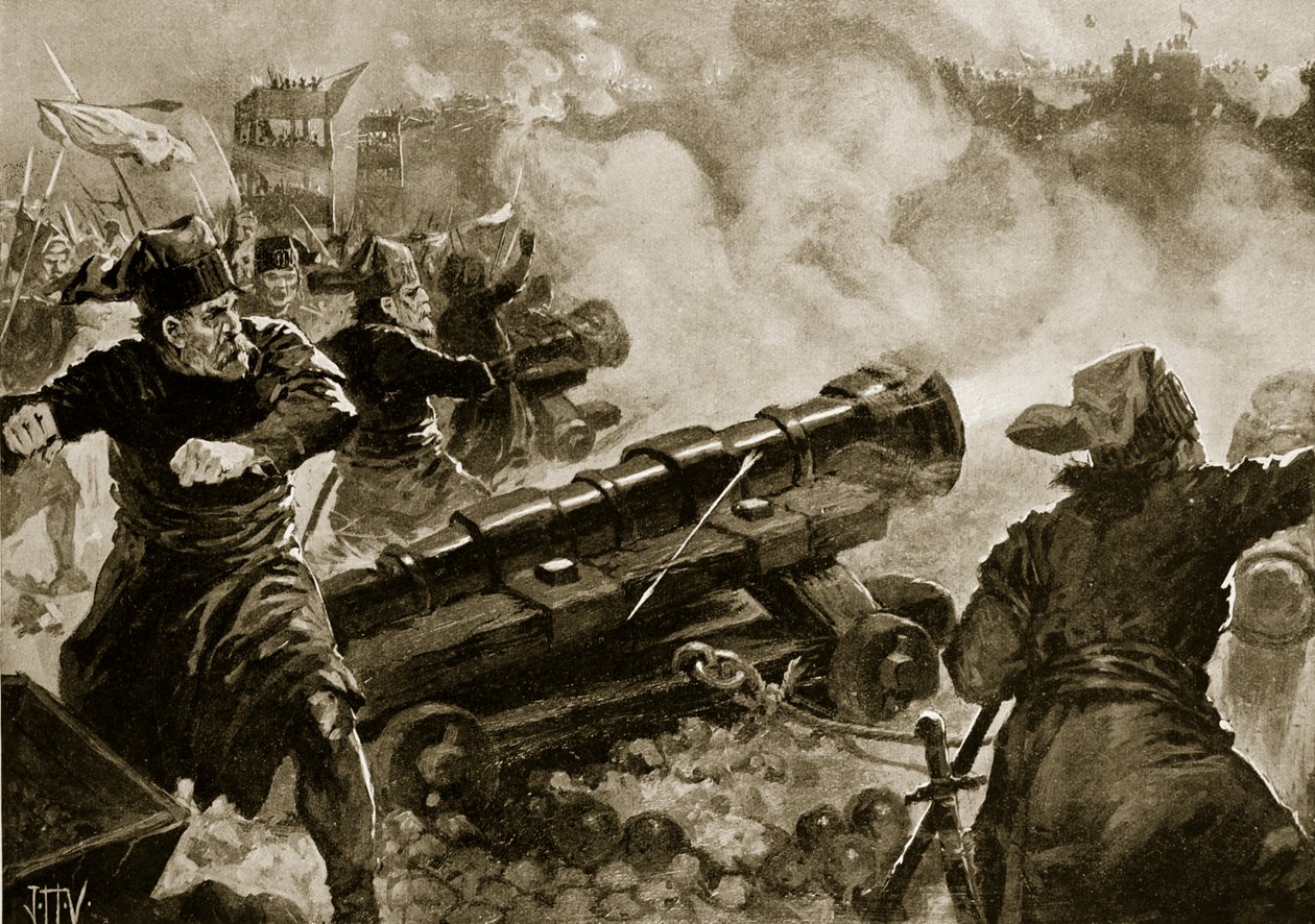 Konstantinápoly ostroma a törökök által, illusztráció a Hutchinson-féle nemzetek történetéből, 1915 körül alkotó: John Harris Valda