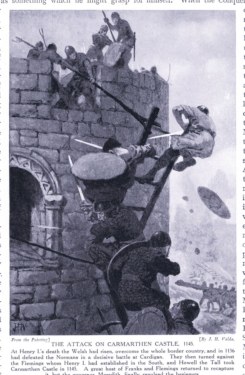 A Carmarthen kastély elleni támadás AD1136, 1920-as évek alkotó: John Harris Valda