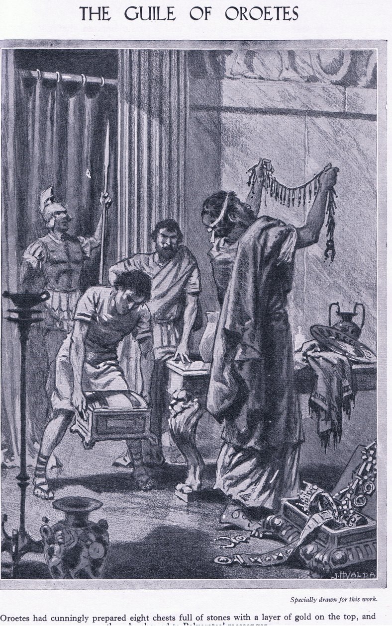 Oroetes álnoksága: nyolc kőláda, tetején aranyréteggel, megmutatva Polycrates hírnökének, 1950 körül alkotó: John Harris Valda
