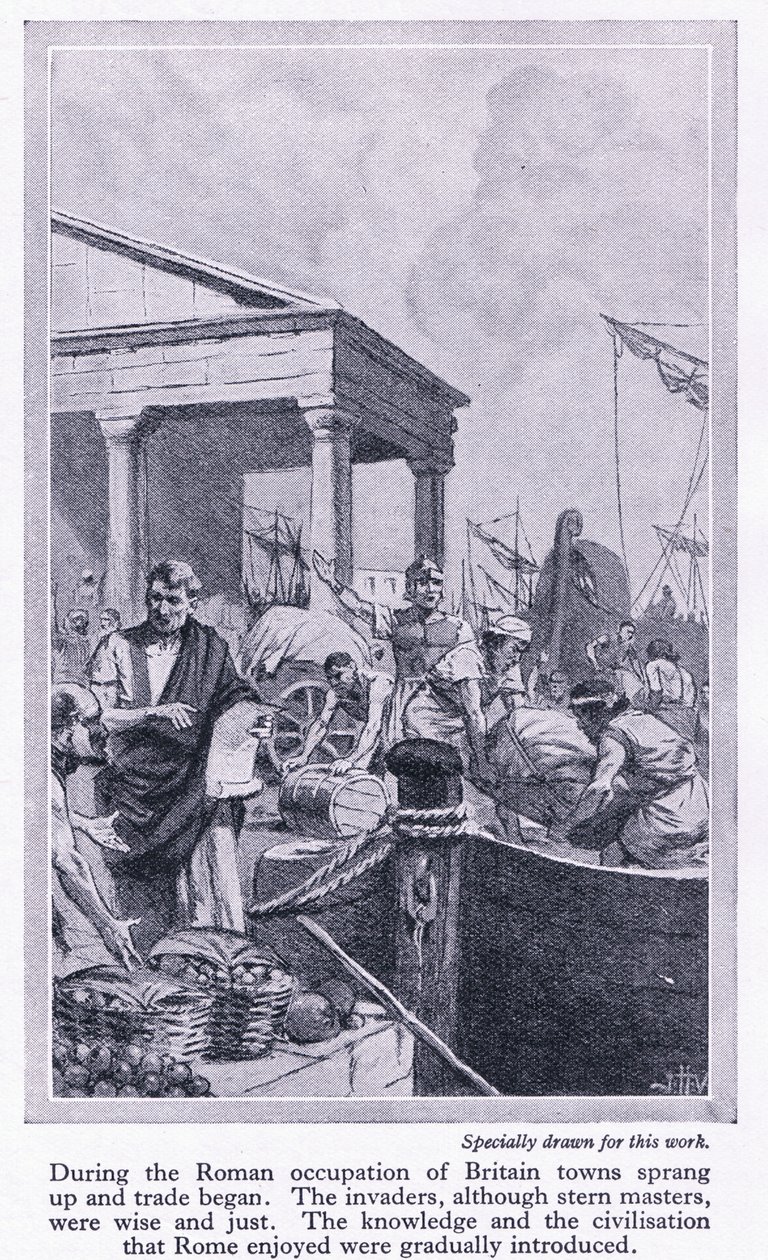 Római megszállás alatt: Nagy-Britanniában városok jöttek létre, és megindult a kereskedelem, 1950 körül alkotó: John Harris Valda