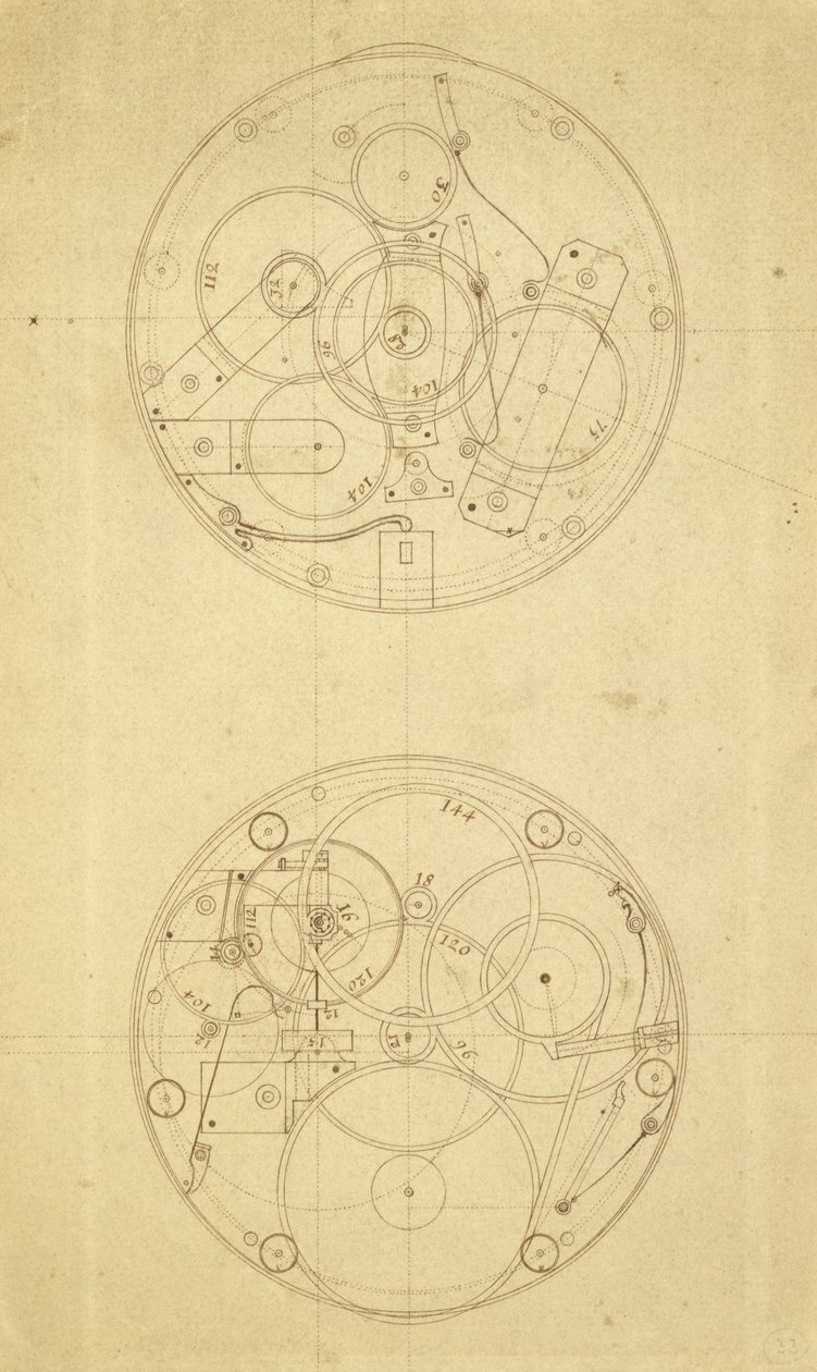 A H.4 mozgása, egy hosszúsági időmérő, amelyet John Harrison tervezett és rajzolt, 1760-72 körül (tinta papíron) alkotó: John Harrison