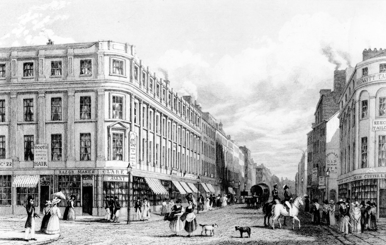Market Street a manchesteri Market Place felől, Frederick James Havell metszete, 1829 alkotó: John Harwood