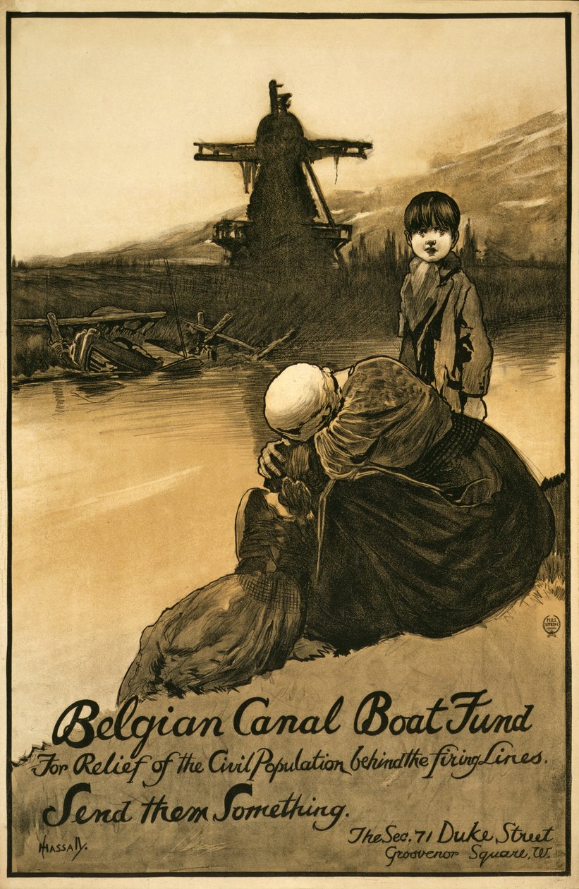 Adománygyűjtő kampány a belga csatornahajó-alap számára, pub. 1914-18 (színes litó) alkotó: John Hassall