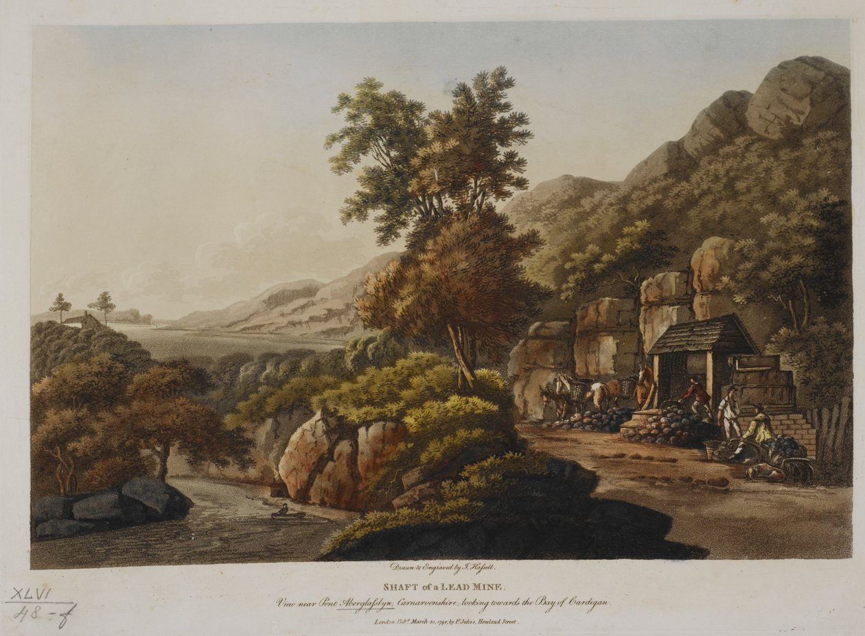 Ólombánya tengelye. Kilátás a Pont Aberglaslyn közelében, Carnarvonshire, a Cardigan-öböl felé néz, 1798-ban megjelent (színes metszet) alkotó: John Hassell