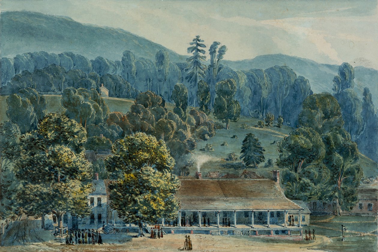 Ebédlő és színpadi irodák a White Sulphur Springsben, 1832. alkotó: John Hazelhurst Boneval Latrobe